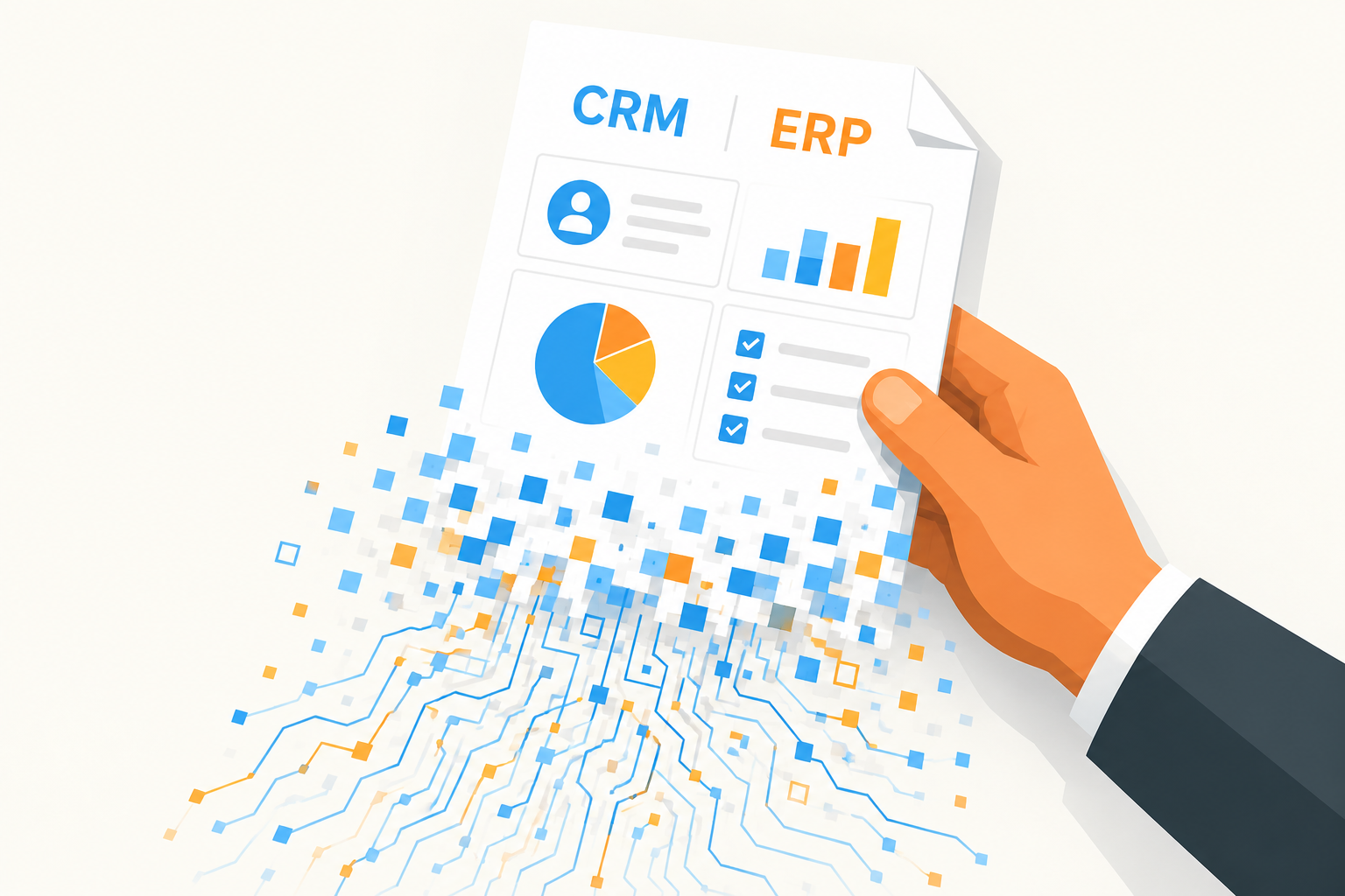 Illustration d’un tableau de gestion ERP et CRM dans une main